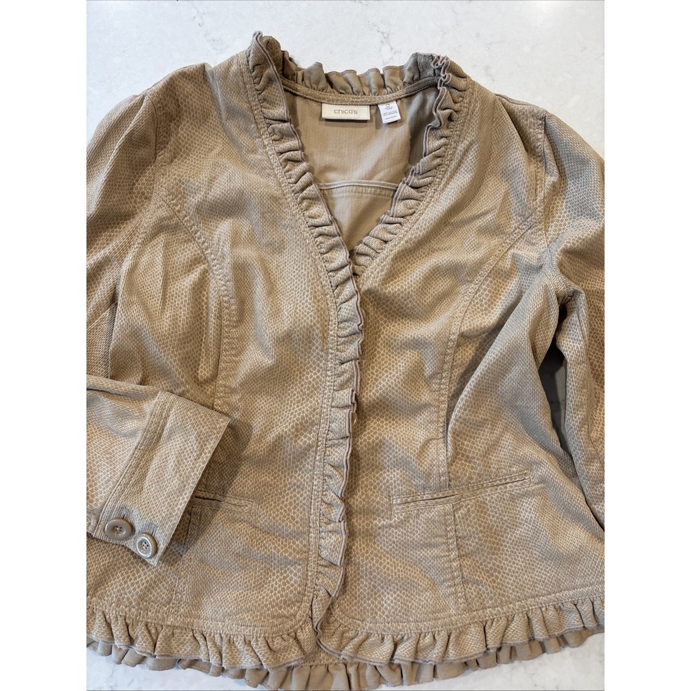 CHICOS 2 Corduroy Blazer Jacket Button  Ruffle Tan Stretch Snakeskin Feminine